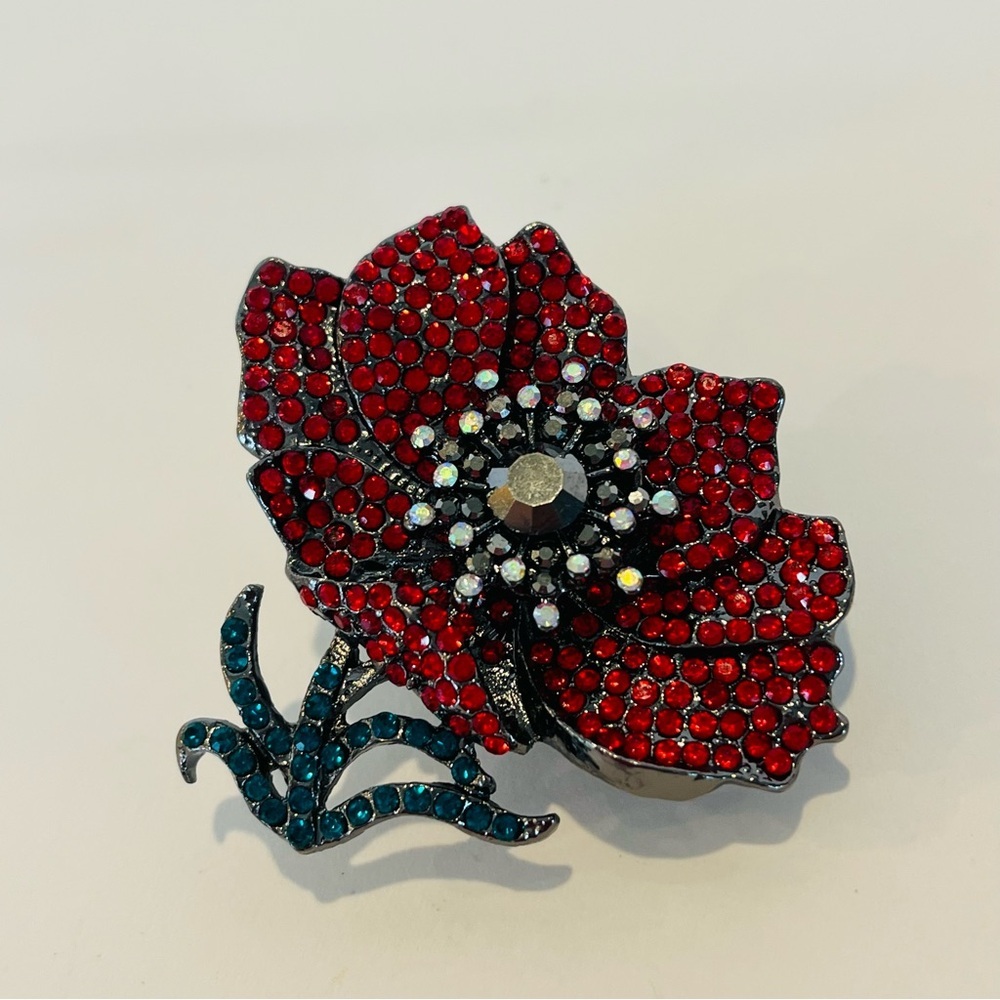 Vintage Red and Teal Crystal Poppy Brooch with Magnetic Clasp - Picture 3 of 7